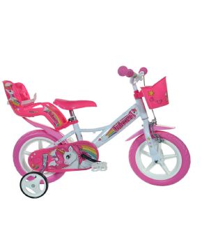 Bici 12 Unicorn bambina con rotelle cestino porta bambola parafanghi Dino Bikes