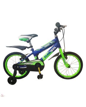 Bici 14 MTB Flywheel Power per bambino con rotelle in acciaio blu verde